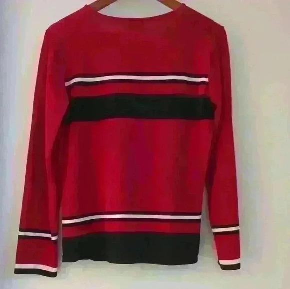 🌴2/$25🌴CLEO | Red/Black/White Striped Stretchy Crewneck Long Sleeve Sweater - Picture 2 of 3